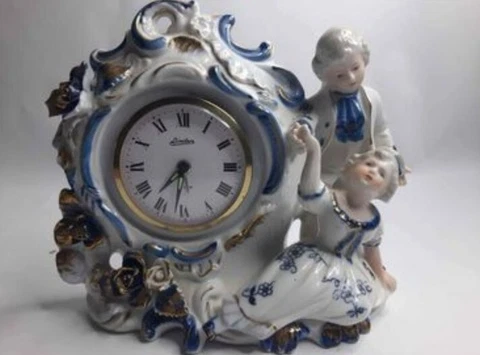 Linden Porcelain Victorian Man And Woman Alarm Clock Blue White Cover