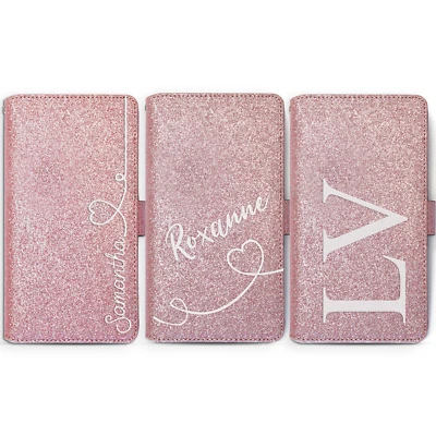 Personalised Initial Pink Glitter Phone Case PU Leather Cover For Huawei - Image 1 of 4