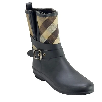 Botas de lluvia BURBERRY para mujer negras y beige con estampado a cuadros a mitad de la pantorrilla de goma talla 38 Foto 1 de 4