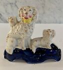 Trio Exquisite Antique Staffordshire Spaniels with Pups Basket Quill Holder 6.5"