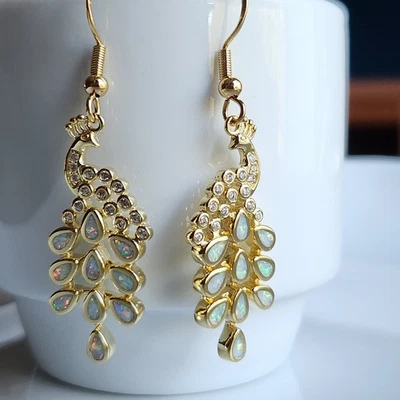 925纯银天然蛋白石孔雀2英寸耳环镀金 — 第 1/4 张图片