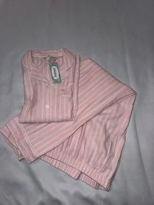 Conjunto de pijama feminino National rosa listra branca algodão flanela manga longa retrô - Imagem 1 de 4