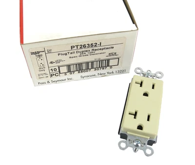 Caja de (10) receptáculos dúplex Pass & Seymour PT26352-I marfil tapón cola 20A 125V Foto 1 de 4
