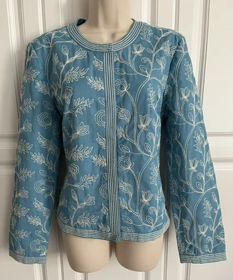 Chaqueta Charter Club Forrada Azul Damas M Blanca Floral Costuras Algodón Macy’s Foto 1 de 4