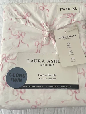 Laura Ashley Twin XL Dorm Bedding Sheet Set TRAILING BOWS Pink White 3pc NWT - Image 1 of 4