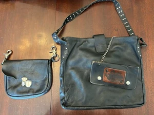 Vintage Harley Davidson Black Leather Shoulder Bag Purse Tote Wallet Belt Bag - Picture 1 of 12