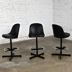 3 MCM Samsonite Black Vinyl Faux Leather & Chrome Bar Counter Stools Adjustable - Picture 1 of 14