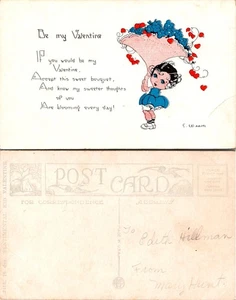 Postal de San Valentín vintage niña con ramo 1915 - Imagen 1 de 1
