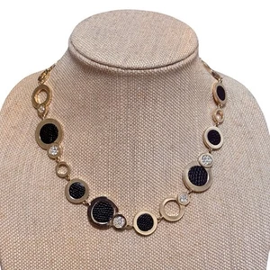 Anne Klein Gold Tone Circle Necklace Black Rhinestone Statement 16.5" - Picture 1 of 4