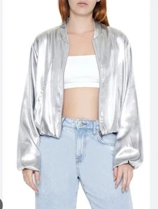 Metallic Silver Cropped Bomber Jacket - Forever 21, Size SMALL . BNWT - Picture 1 of 4