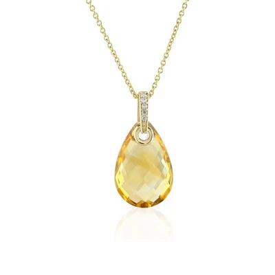 Genuine Citrine and Diamond Solid 14K Yellow Gold Teardrop Charm Necklace - Image 1 of 4