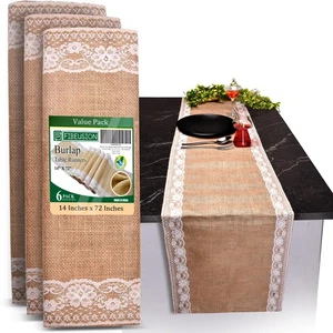 Burlap Lace Table Runner (Pack of 6) – 14”x 72” - No-Fray Finished Edge Natur... - Picture 1 of 8