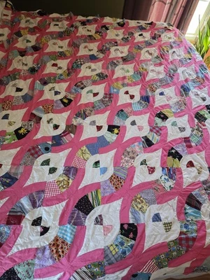 Edredón Cosido a Mano De Colección 80 X 88" Antiguo Rosa Serpentina Capa Superior Solo Foto 1 de 4