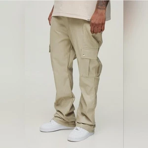 BOOHOO MAN Sand Pleather Plus Fixed Skinny Stacked Flare Pu Pants Mens SZ 36 - Picture 1 of 3