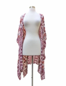 KNOX ROSE Kimono Top Red Blue Cream Floral Rayon Open Ruana Size M/L - Picture 1 of 10