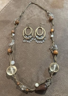 Boho Necklace Natural Wooden Lucite Metal Beads & Earrings Metal Glass Lot Of 2 - Image 1 of 4