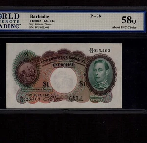 Barbados 1 Dollars 1943 P-2b * WBG AU 58 EPQ * King George * - Bild 1 von 2