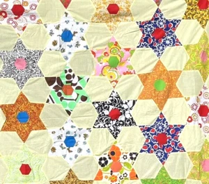 Vintage Mod Colorful Six Pointed Star Quilt TOP 69” X87” Wild 70s Prints - Picture 1 of 7