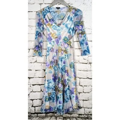 KOMAROV Signature Crinkle Charmeuse Floral Stretch Midi Dress USA Lined Small  - Image 1 of 4