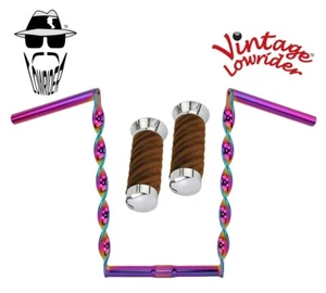 Vtg Lowrider Handlebar Flat Twisted 15" 25.4mm Neon & Grips Velour Swirl Brown. - Picture 1 of 1