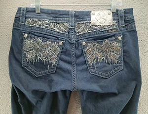 Miss Me Mid-Rise Easy Bootcut Jean Womens 33 Blue Dark Wash Sequins Rhinestone - Picture 1 of 15
