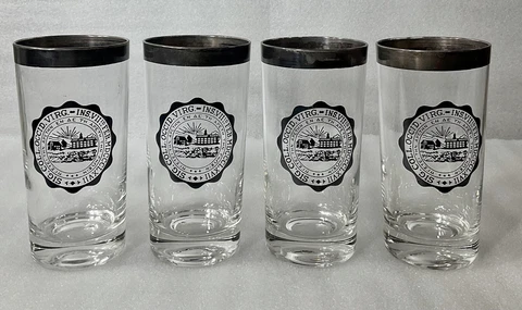 Vintage Set of 4 West Virginia University WVU Glass Tumblers Brass Rim Rare HTF Cover