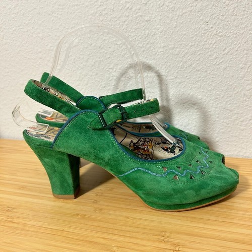 Miss L Fire Betty 1940s Suede Slingback Heels 39 US 8.5 9 Green Peep