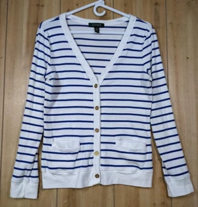 Lauren Ralph Lauren Cardigan Womens M White w/ Blue Stripes Button Up V Neck L/S - Picture 1 of 10