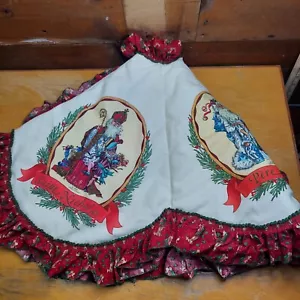 VTG 1980s Handmade Tree Skirt Cheryl Johnson Print Santa Sleigh Reindeer Trim - Picture 1 of 12