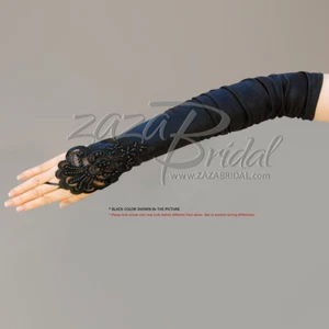GATHERED SATIN FINGERLESS GLOVES WITH A FLORAL EMBROIDERY LACE, SEQUINS & PEARL - Picture 1 of 18