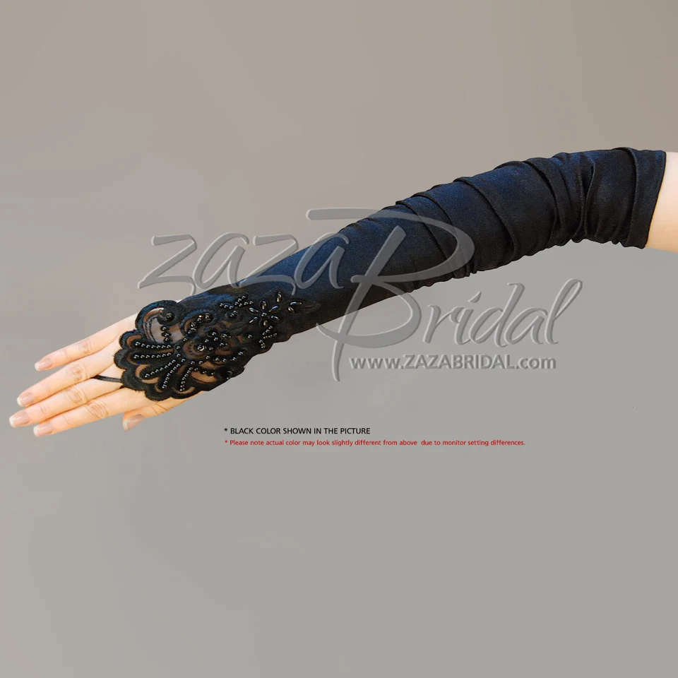 GATHERED SATIN FINGERLESS GLOVES WITH A FLORAL EMBROIDERY LACE, SEQUINS & PEARL - Image 1 of 1