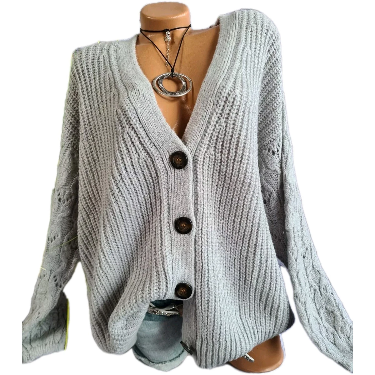 Produktbild von Lang V-Ausschnitt Strickjacke Für Damen Langarm Cardigans Strickmantel Mit Taschen Und Knöpfe Elegant Outwear Top Für Herbst Winter Beige S