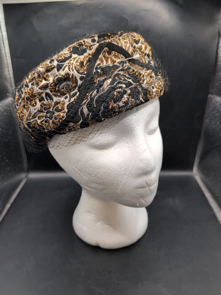 Vintage Royce Exclusive Ladies Pillbox Gold & Black Brocade Hat W/ Netting - Image 1 of 4