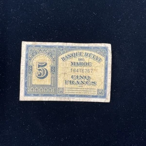 MOROCCO 1943 Banque d'État du Maroc 5 Francs F/VF P-24 - Picture 1 of 2