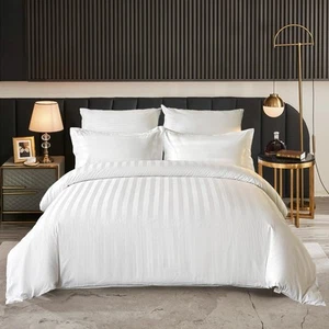 Hotel Bedding Duvet Cover Queen Size Cotton White Satin Striped Textured with - Picture 1 of 8