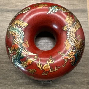 Vintage chinesische Schmuckschatulle Drache und Phönix Donut rund 6,25" Durchmesser - Bild 1 von 12