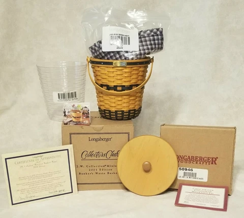MINT Longaberger 2001 Collectors Club JW Miniature Banker's Waste Basket Combo Cover