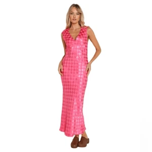 Jen’s Pirate Booty Hot Pink Wavecrest Check Jacquard Maxi Women's Dress Medium - Picture 1 of 8