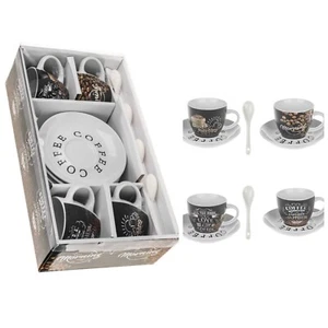 Set of 8 Porcelain Coffee Cups with Coffee Design, Including Saucers Spoons - Picture 1 of 1