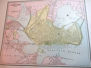 Mapa de la ciudad a color de Cram's 1890 ~ PORTLAND, MAINE ~ 12 1/8"" x 9 3/4", histórico - Imagen 1 de 12