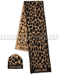 ROBERTO CAVALLI wool Brown/Black ANIMAL SPOTS scarf & hat Set NIB BOXED Auth$435 - Picture 1 of 5