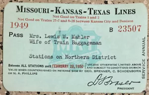 1949 MISSOURIS KANSAS TEXAS RAILROAD RAILWAY LINES ANNUAL PASS - Picture 1 of 2