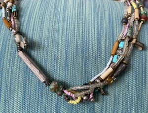 Handcrafted Multi Strand Sterling Silver Gemstone Beads Necklace Estate Jewelry - Picture 1 of 12