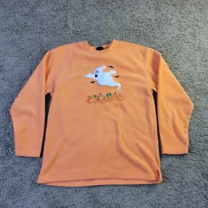 VTG 90s Womens M Halloween Ghost Pumpkins Fleece Crewneck Sweater Sweatshirt MED - Picture 1 of 6