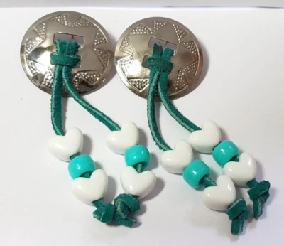 Vtg Round Silver Tone Star Beaded Tassel Leather Post Earring Taiwan Costume - Image 1 of 4