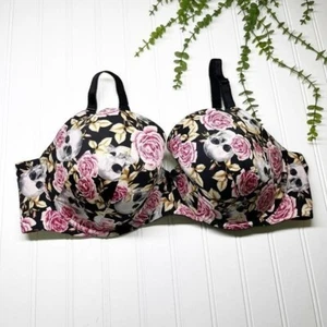 Torrid Black Roses & Skulls 360 Back Smoothing Lightly Lined T Shirt Bra 44C - Picture 1 of 8