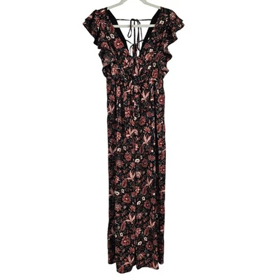 Madewell Pampas Floral Wide Leg Jumpsuit XS Black Mauve Ruffle Fairy Grunge - Image 1 of 4