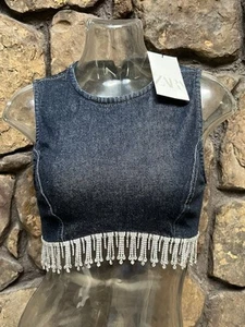 ZARA RHINESTONE FRINGED CROPPED BLUE DENIM SLEEVELESS TOP BLOUSE XS NWT - Picture 1 of 4