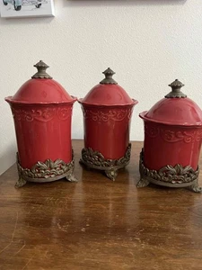 Chris Madden Red Ceramic Canister Set of 3 Ornate Metal Bases & Lids Pristine - Picture 1 of 7