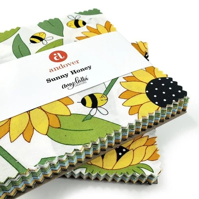 Makower Sunny Honey bees & sunflowers charm pack 100% cotton bee fabric squares - Image 1 of 4